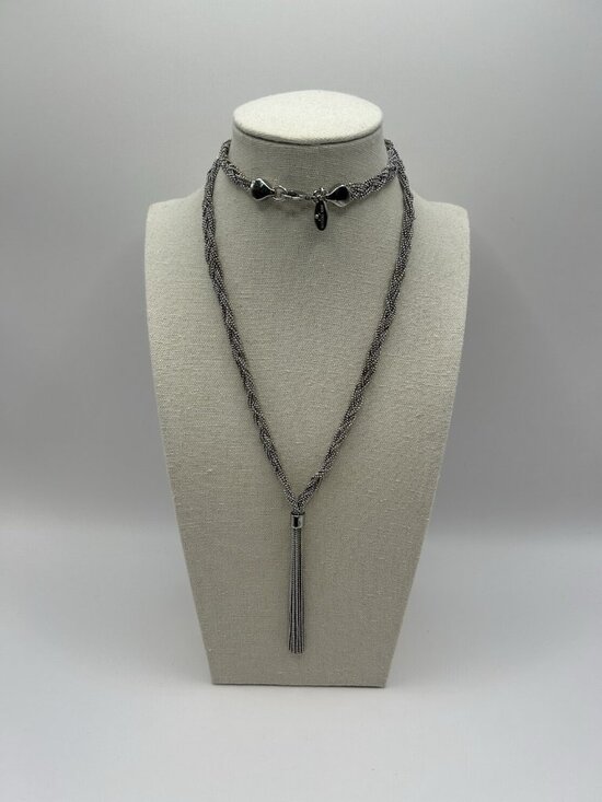 Ann Taylor Jewelry - Ann Taylor Tassel Necklace LONG Silver Tone Braided Chain Signed Jewelry Gift